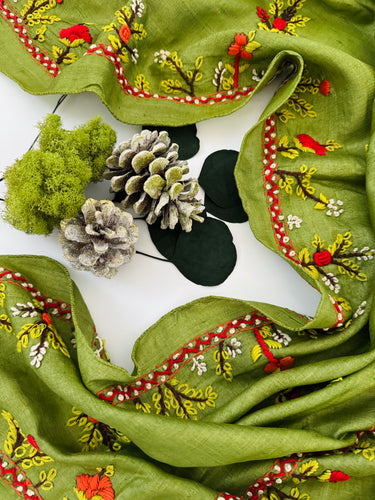 Lightweight Tribal Lambani Embroidery Pure Tussar Silk Saree | Light Moss Green | Hand Embroidery | Ships from California